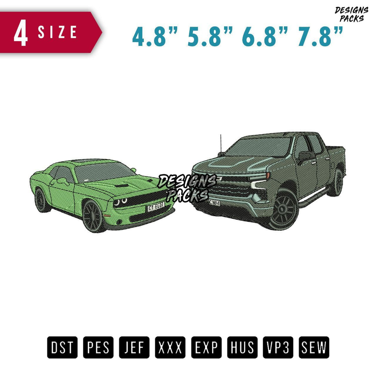 2 Cars Green Grey Embroidery Design