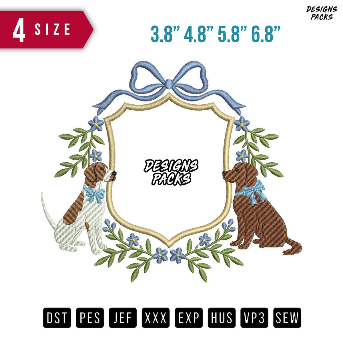 2 Dog Ribbon Blue Embroidery Design
