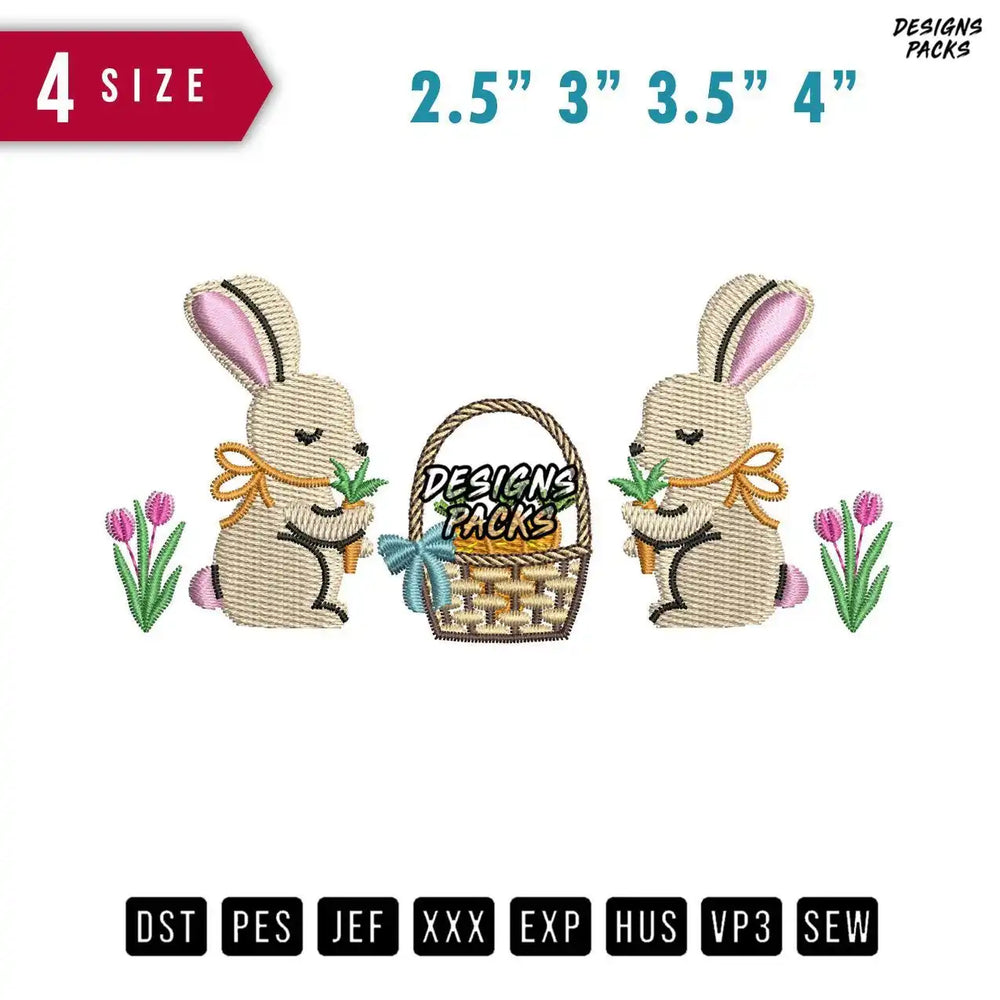 2 Rabbit Carrot Ribbon Small Embroidery Design