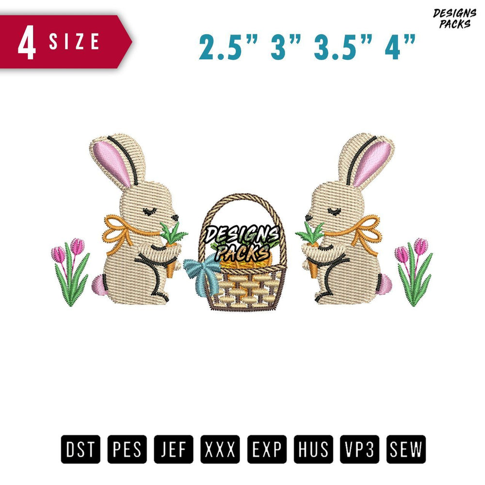 2 Rabbit Carrot Ribbon Small Embroidery Design