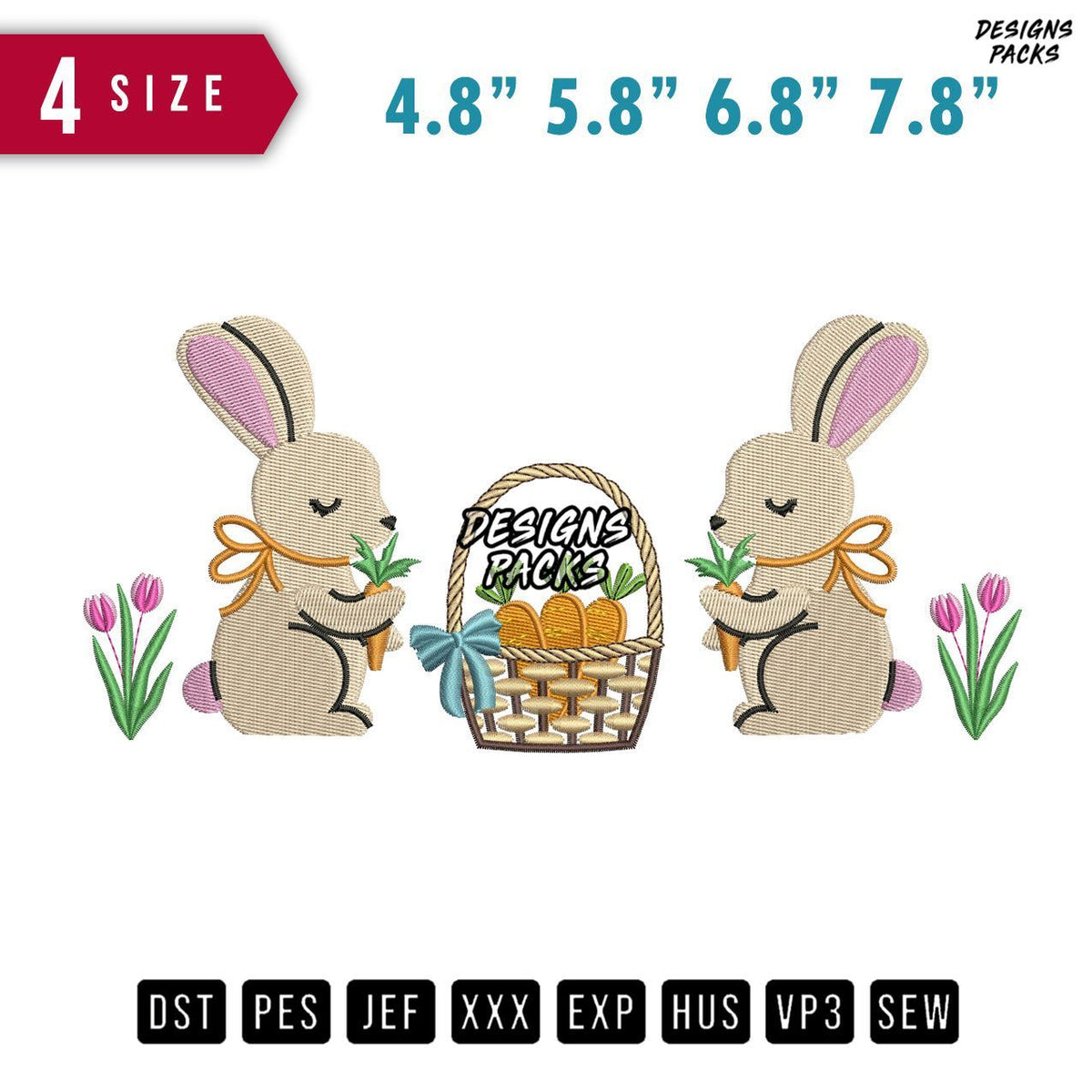 2 Rabbit Carrot Ribbon Embroidery Design