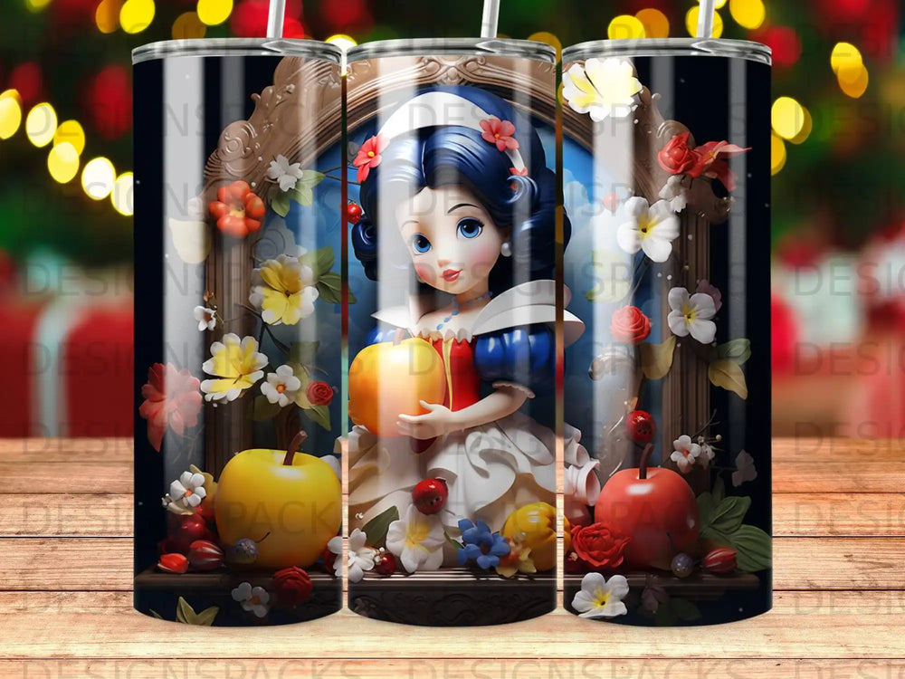 Snow White with apple in framed illustration with flowers and fruits.
