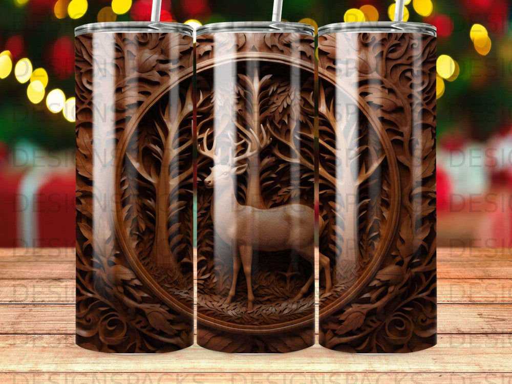 Wooden carved tumbler featuring a deer in a forest scene.