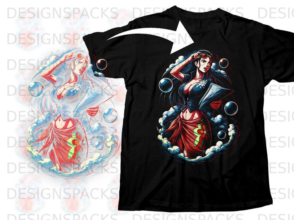 Black t-shirt featuring a circular graphic of a woman with long black hair and red accents.