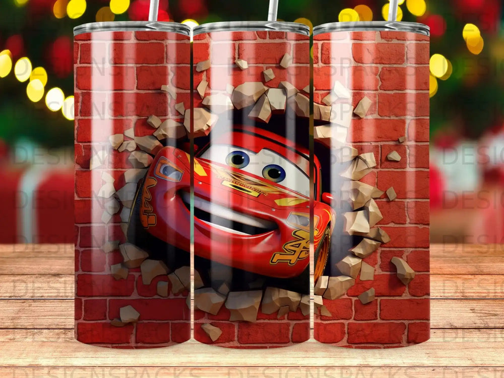 Lightning McQueen bursting through a brick wall, from the movie Cars.