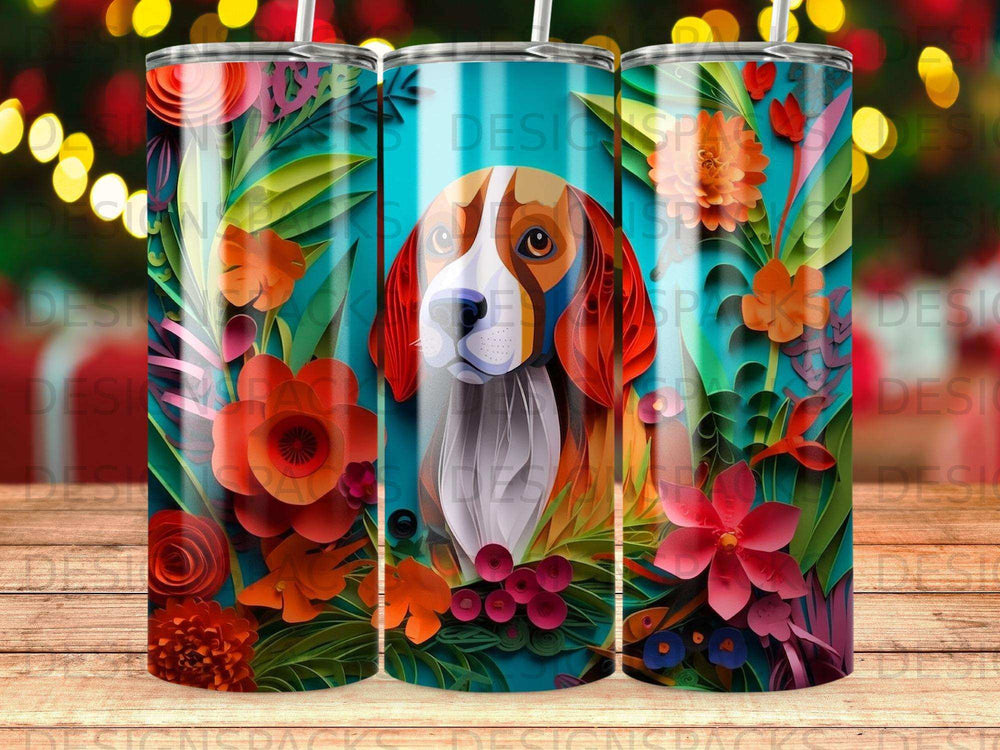 Beagle dog portrait with floral background on a skinny tumbler.