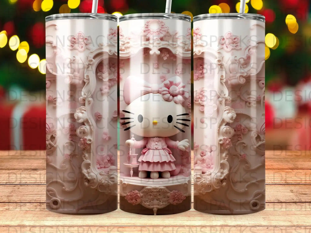 Three tumblers with a Hello Kitty design in a pink, ornate frame.