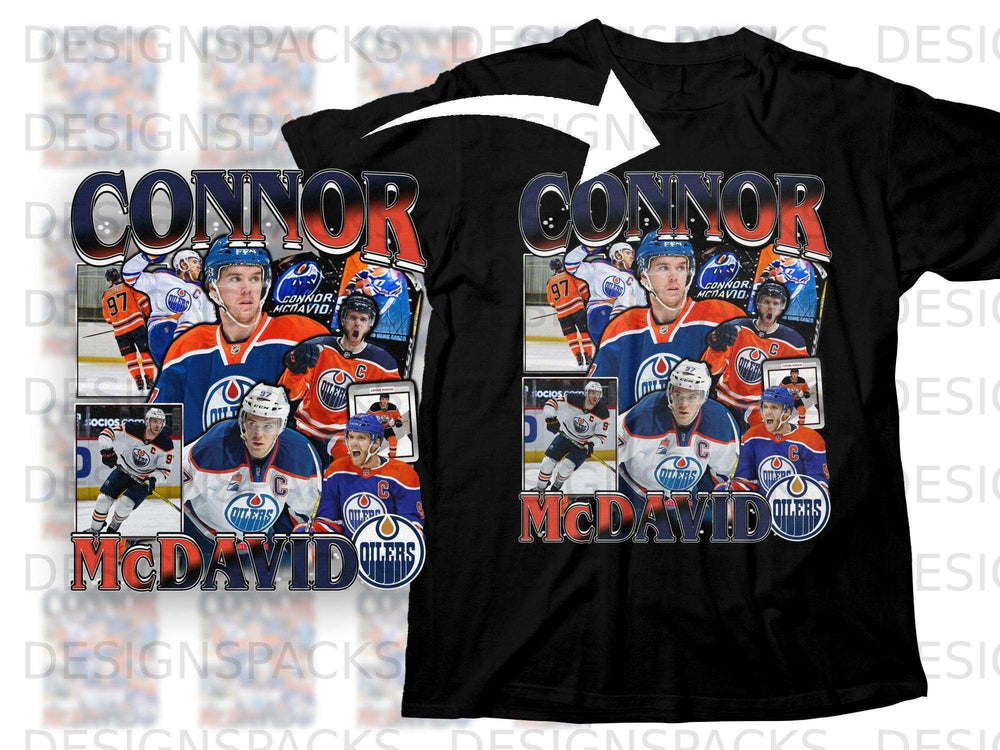 Connor McDavid Oilers hockey jersey with team logo and player collage.