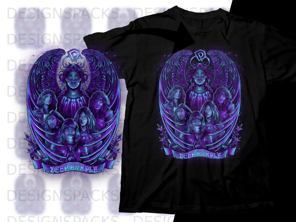 Deep Purple band members featured in a winged, angelic design on black t-shirts.