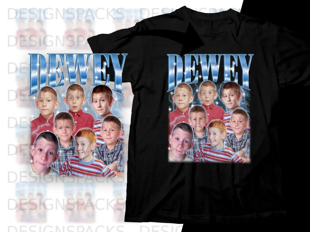 Black t-shirt with "DEWEY" in blue and white text over a collage of young boys.