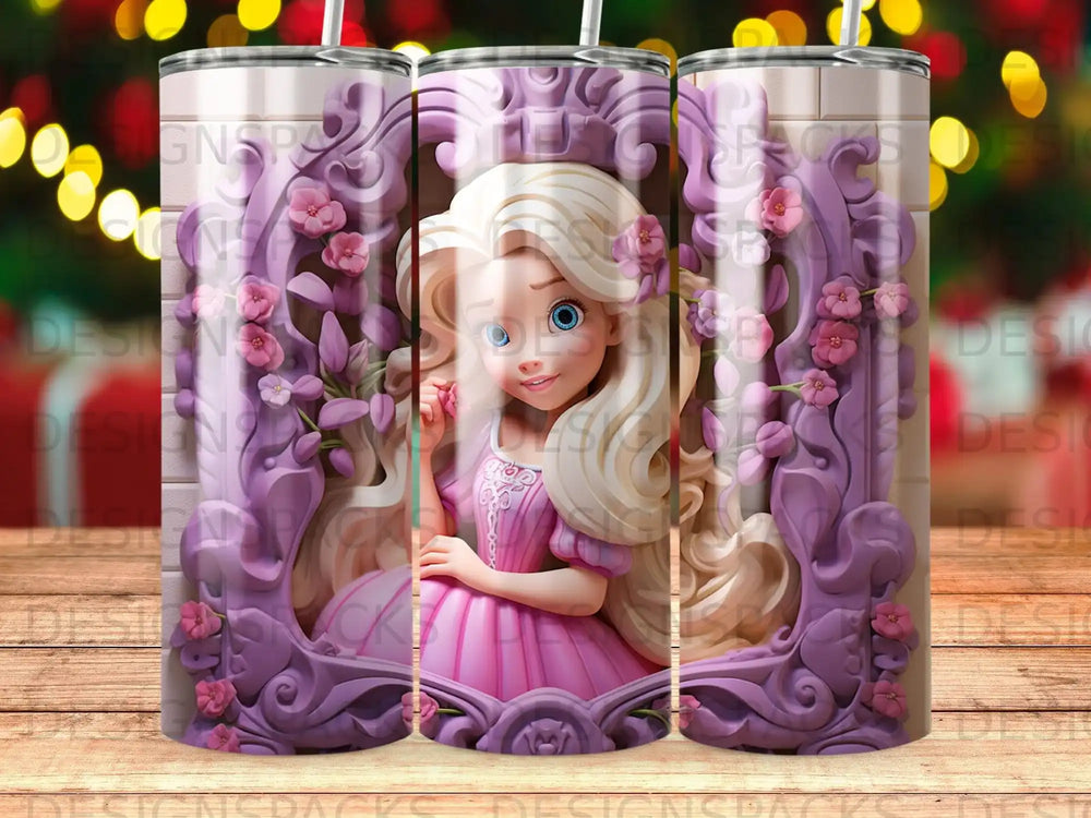 Cartoon girl with blonde hair and pink dress in ornate purple frame with flowers.