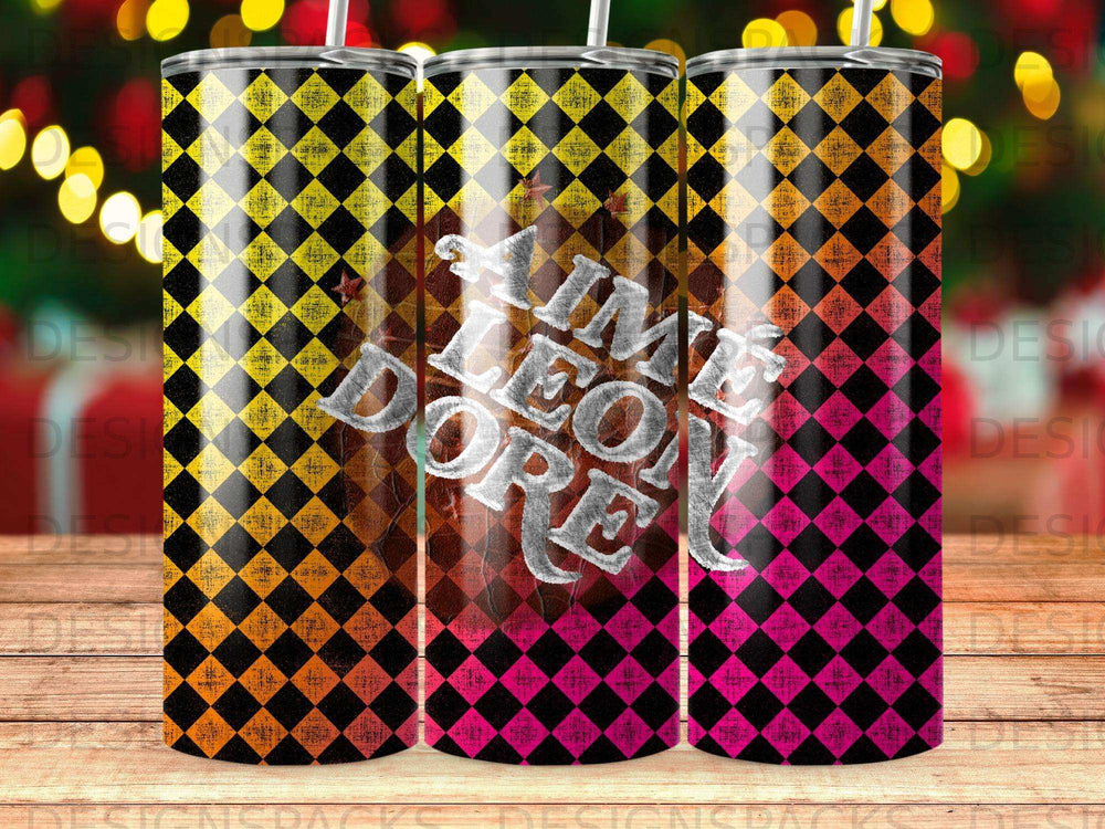 Tumbler with checkered pattern and "Time for more" text.