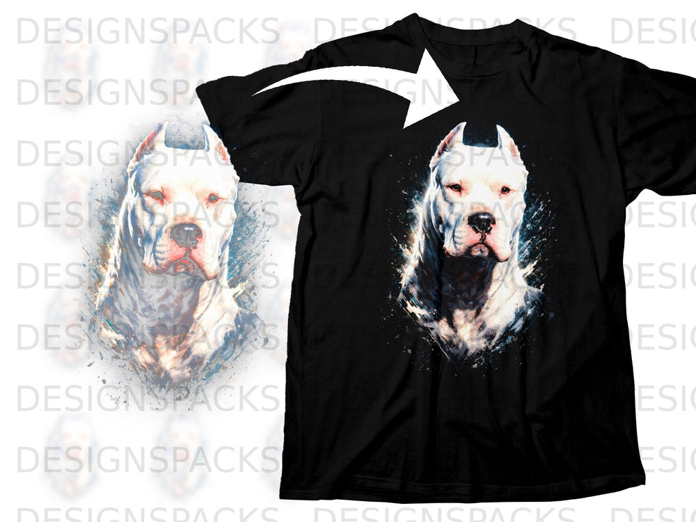 Black t-shirt with an artistic white pitbull portrait print.