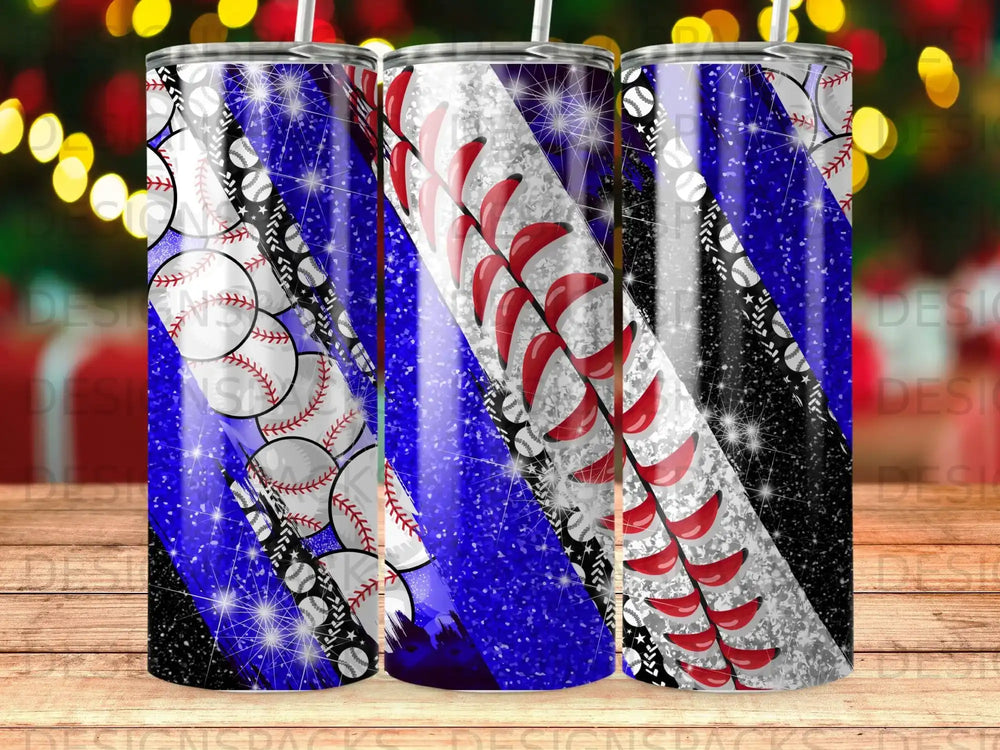 Three tumblers with baseball and glitter designs.