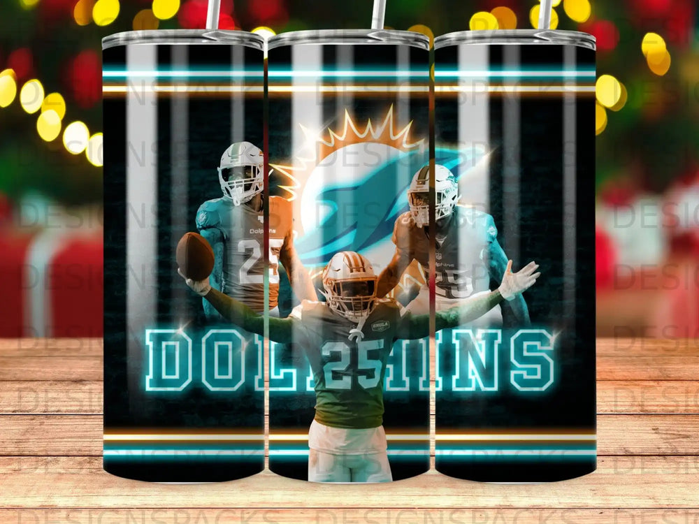 Miami Dolphins player with team logo and neon lights.