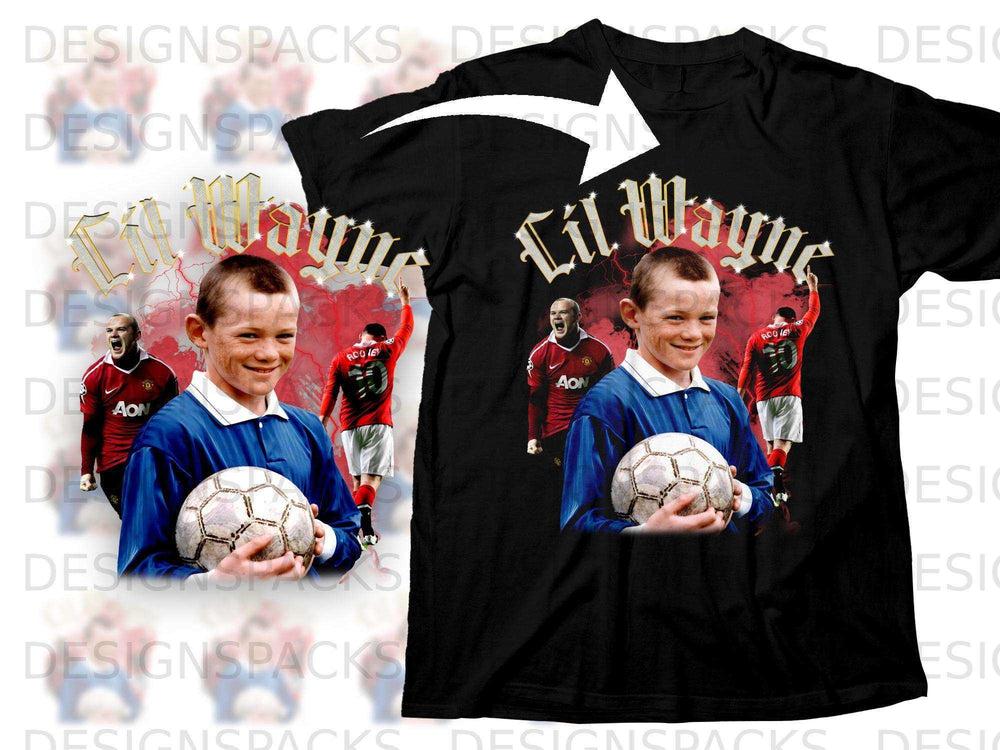 Black t-shirt with Lil Wayne and Manchester United player graphic.