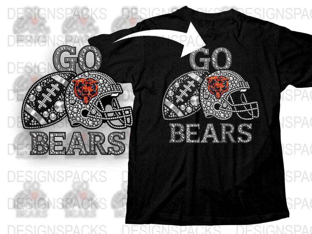 Go Bears Football Team T-Shirt, Rhinestone Helmet Design, Sports Fan Apparel, Black Graphic Tee