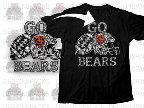 Go Bears Football Team T-Shirt, Rhinestone Helmet Design, Sports Fan Apparel, Black Graphic Tee