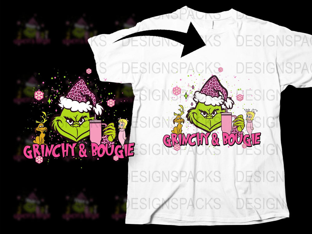 Grinchy and Bougie Printed T-Shirt, Funny Christmas Party Holiday Tee, Colorful Cartoon Graphic, Unisex Casual Wear