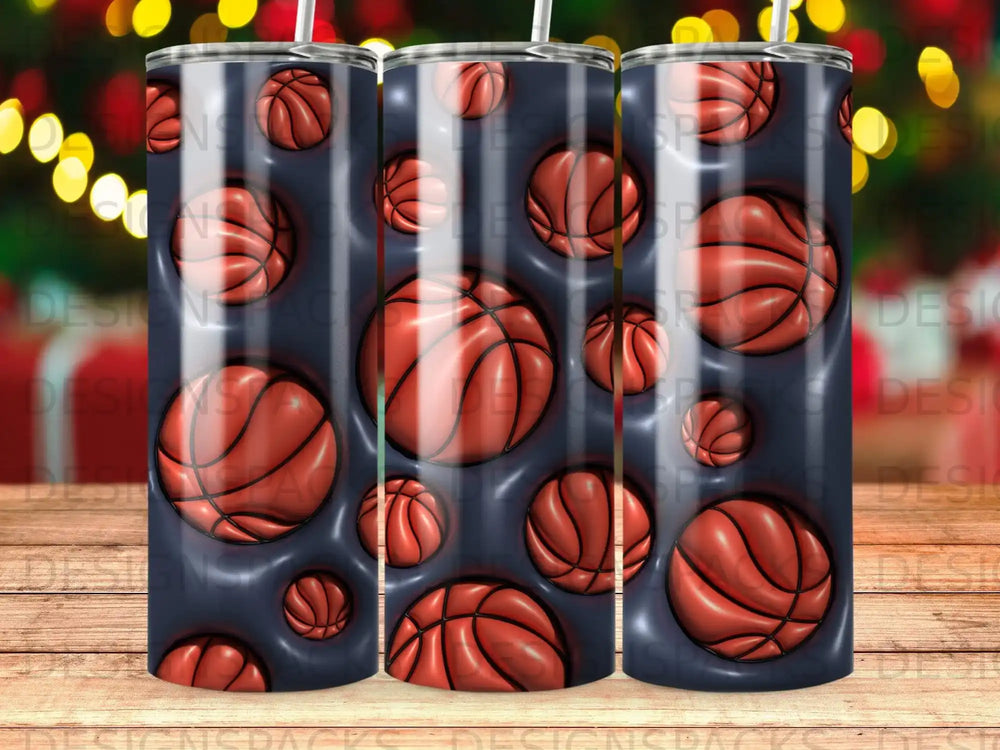 Seamless pattern of dark blue basketballs with orange seams on a dark background.