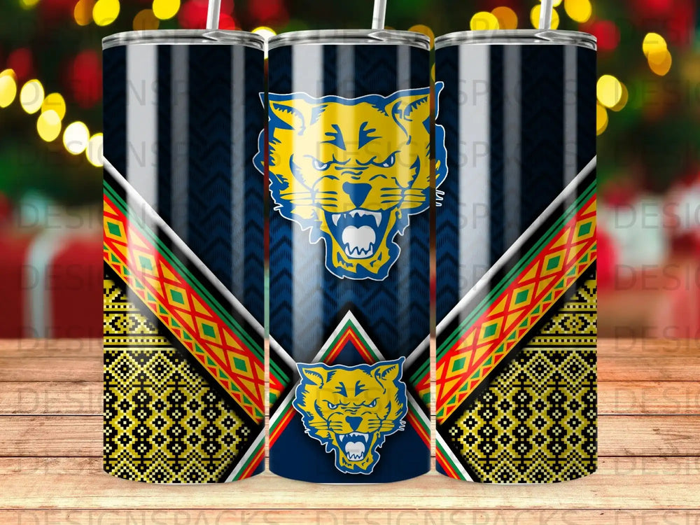 Blue and yellow panther logo on a tumbler with geometric and striped patterns.