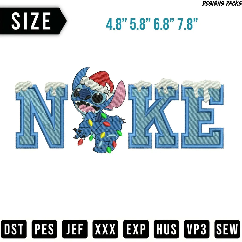 Stitch wearing a Santa hat and Christmas lights in front of "NIKE" lettering.