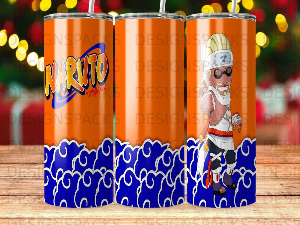 Naruto Uzumaki character on an orange tumbler with blue cloud pattern.