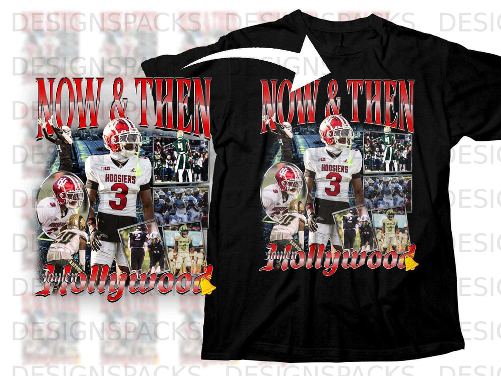 Black t-shirt with "Now & Then" graphic featuring Indiana Hoosiers player #3.