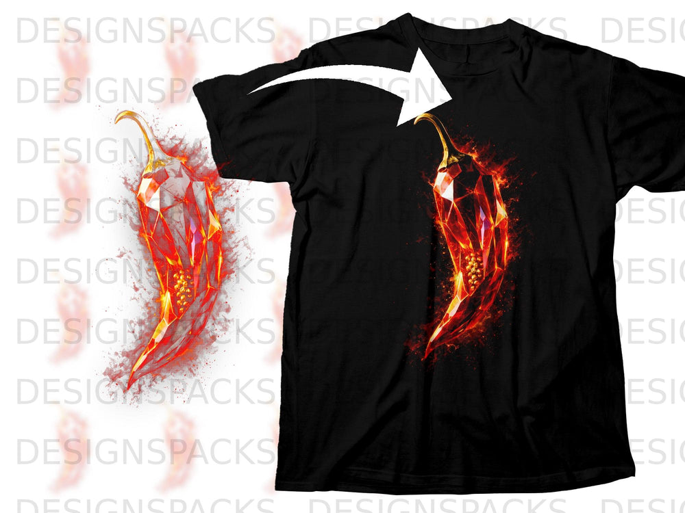Black t-shirt with a fiery, faceted red chili pepper graphic.