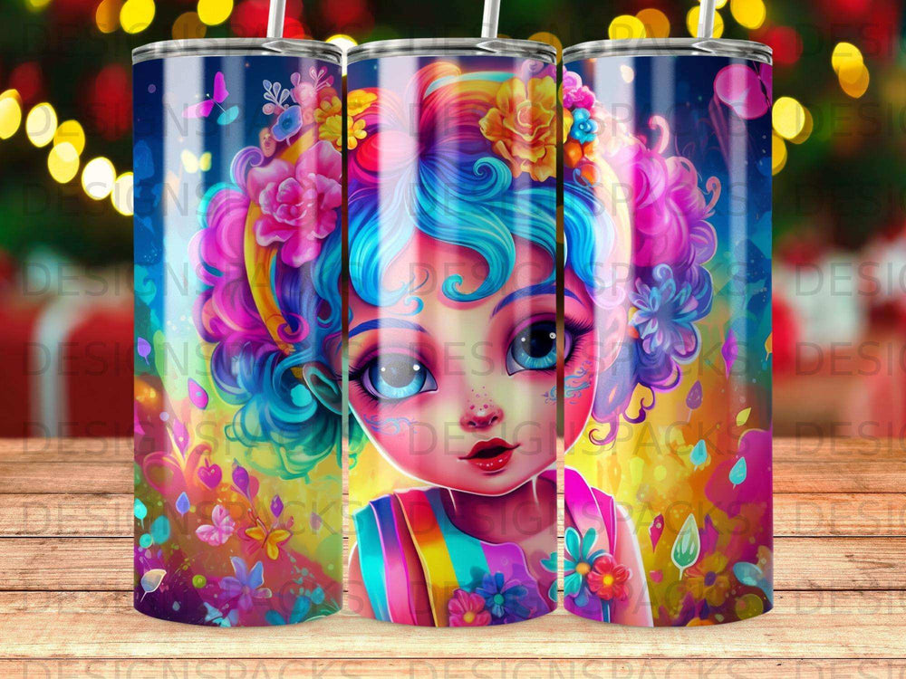 Colorful cartoon girl with blue eyes and rainbow stripes on cup.