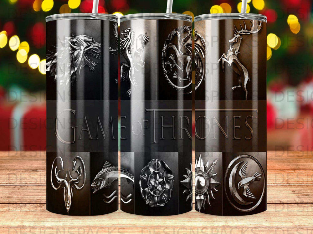 Game of Thrones tumblers featuring house sigils and logo.