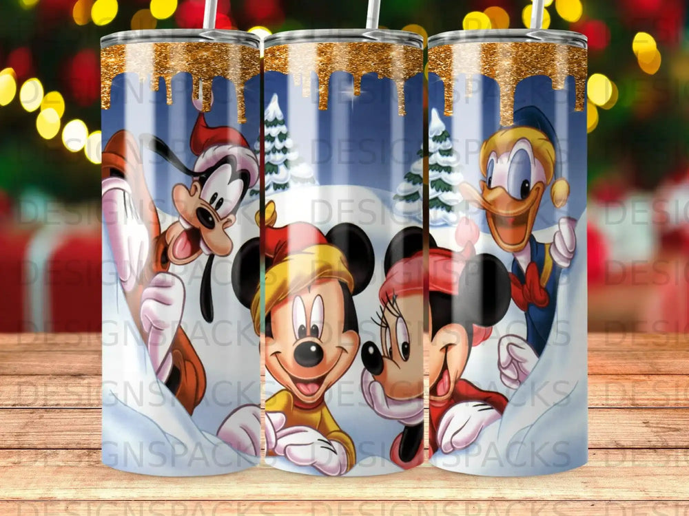 Mickey, Minnie, Goofy, and Donald Duck in a snowy scene on a tumbler.