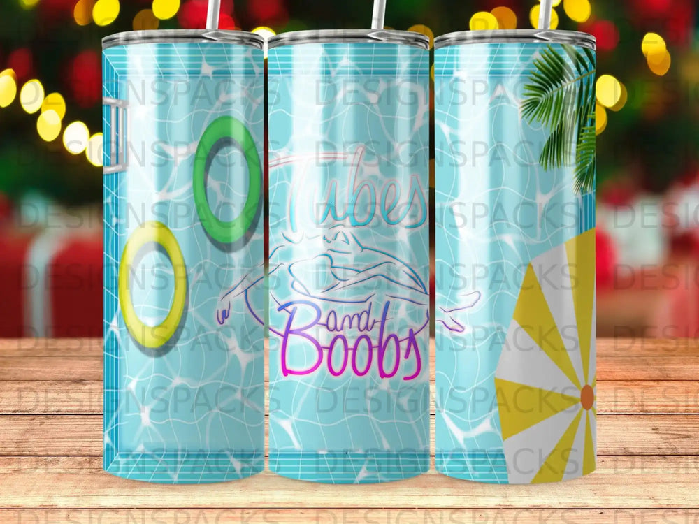 Tumbler wrap design with "Good Vibes and Boobs" text and tropical palm leaves.