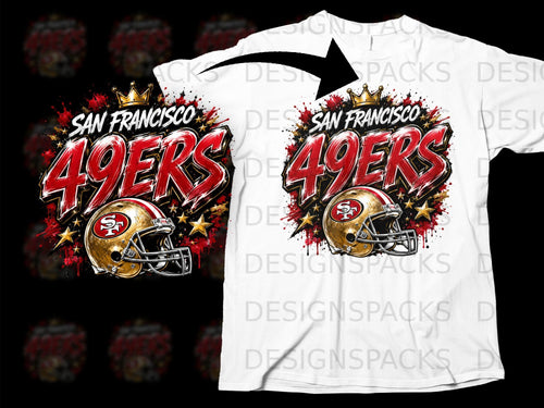 San Francisco 49ers helmet and logo with a golden crown and stars.