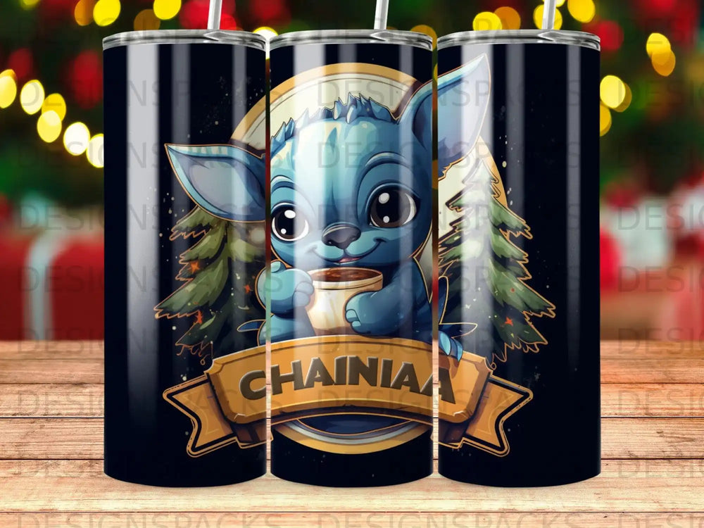 Blue alien character holding a mug of coffee with "CHAIINIAA" on a banner.