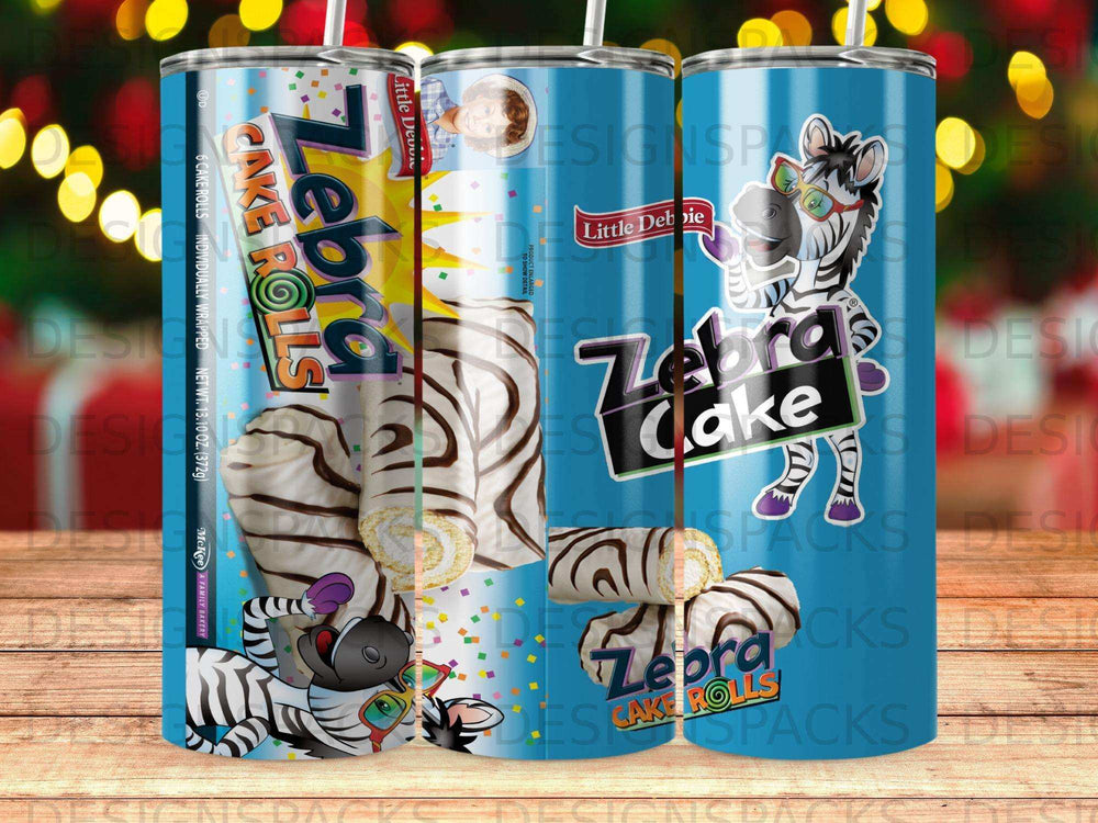Little Debbie Zebra Cake Rolls with cartoon zebra character and confetti.