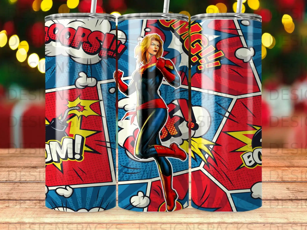 Captain Marvel in action pose on a comic book style tumbler.