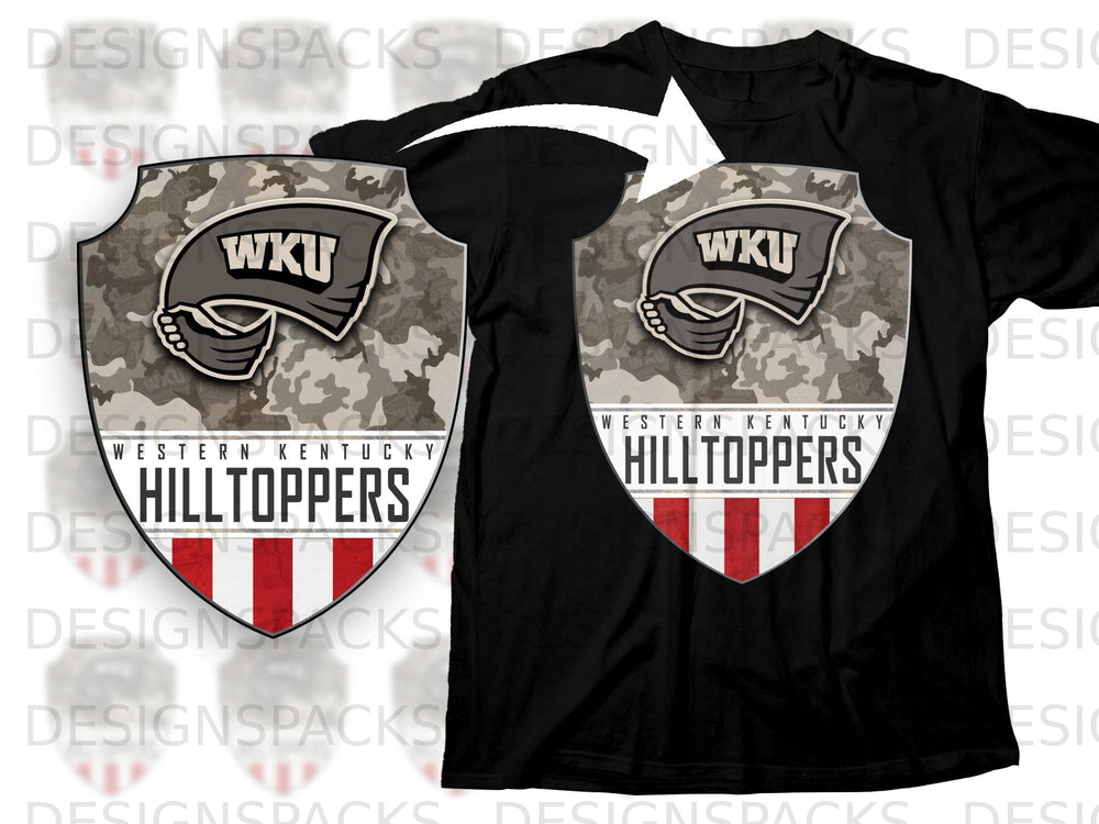 Black t-shirt with a shield logo featuring "WKU HILLTOPPERS" and a camouflage background.