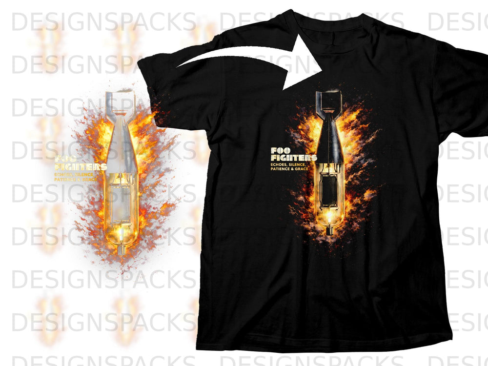 Black t-shirt with Foo Fighters album art featuring a bomb in flames.
