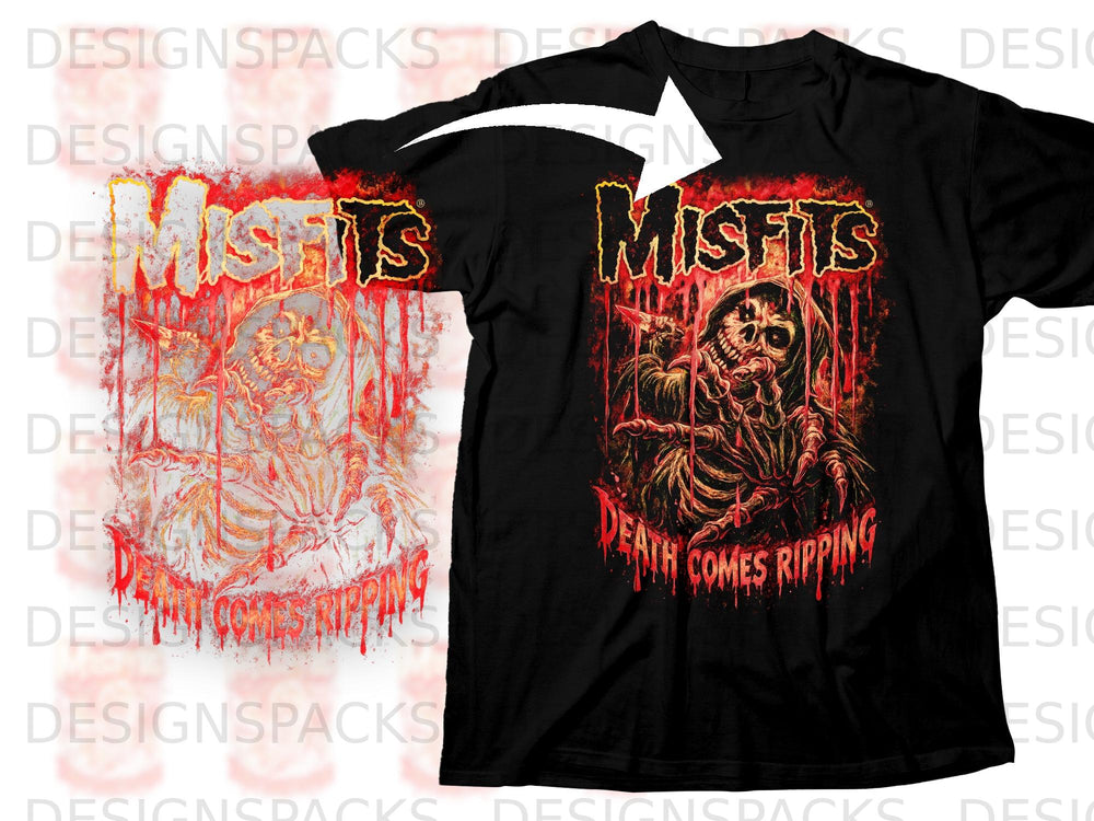 Black t-shirt with Misfits logo and skeleton graphic, text "DEATH COMES RIPPING".