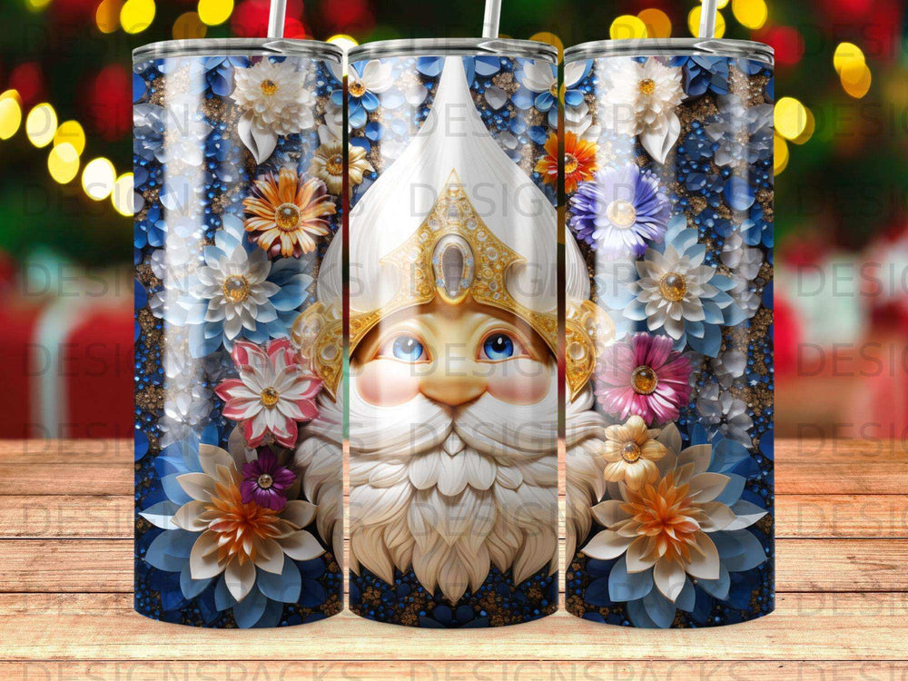 Santa Claus illustration with blue floral accents on a tumbler.