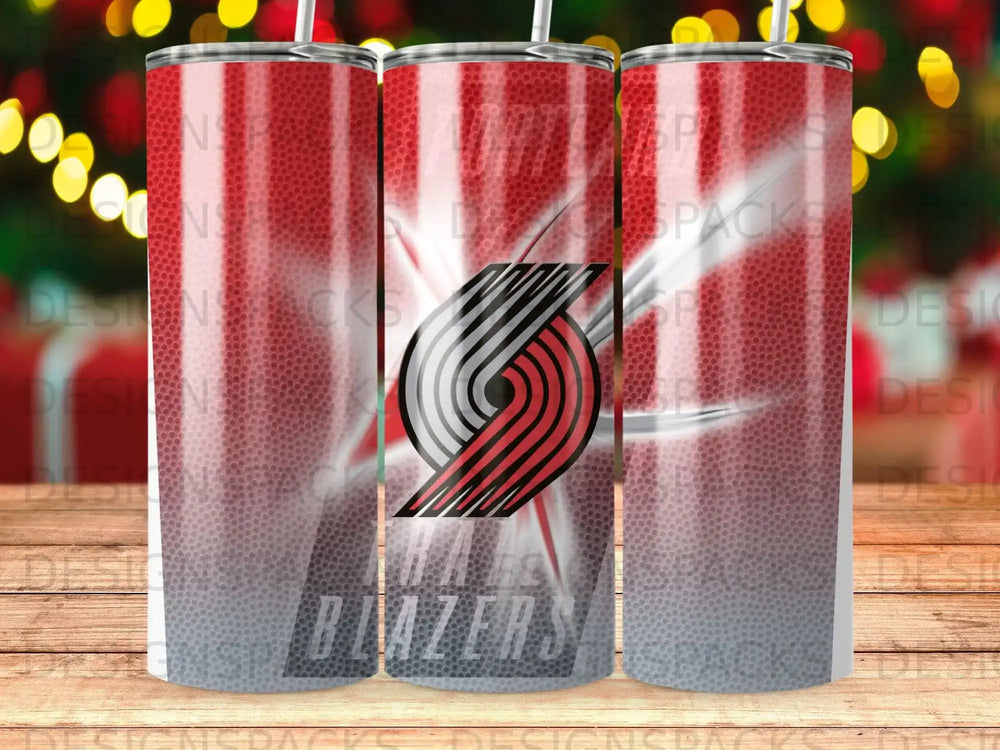 Portland Trail Blazers logo on a red and white gradient tumbler.