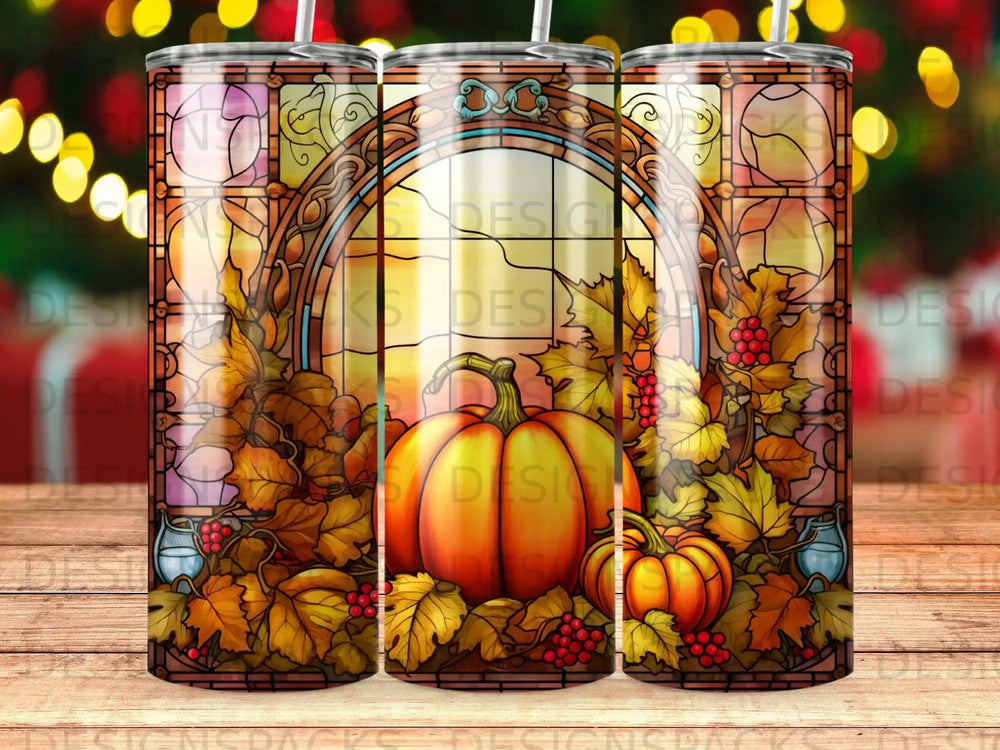Stained glass window with pumpkins and autumn leaves.