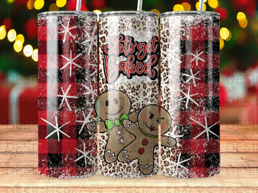 Gingerbread couple on tumbler with buffalo plaid and leopard print.