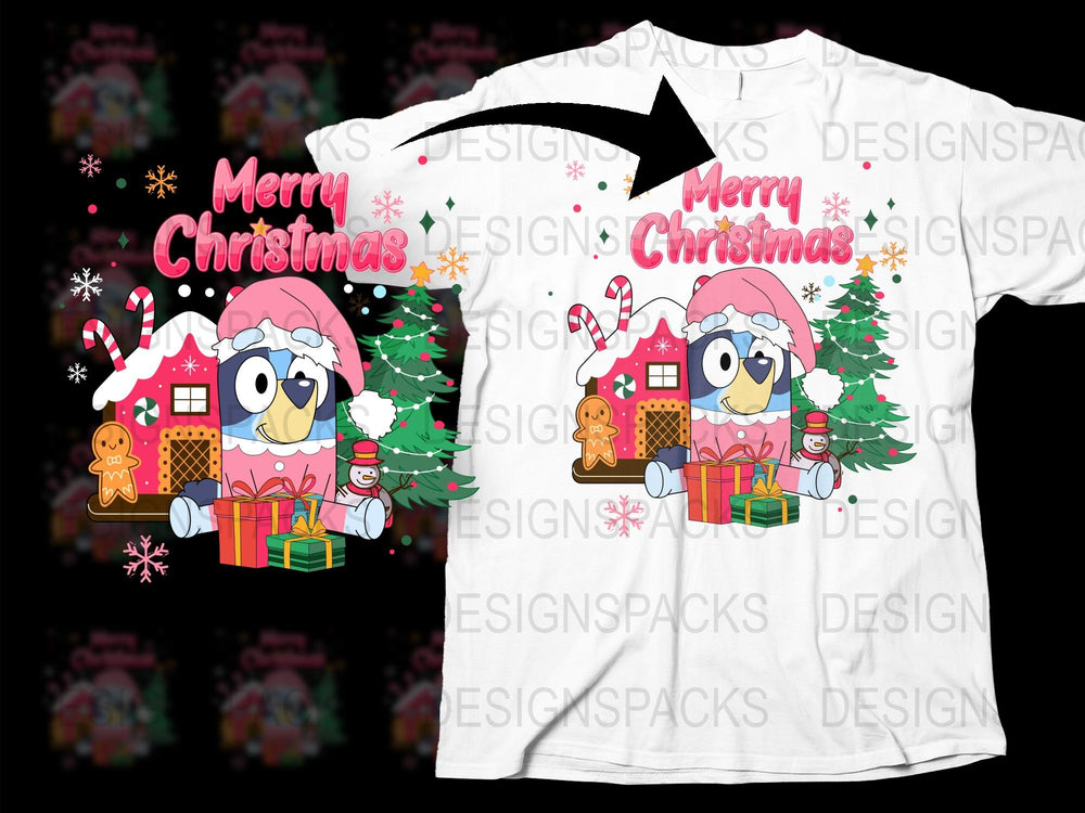 Merry Christmas T-Shirt with Cute Owls, Festive Trees, Gifts Graphic Tee for Holiday Season