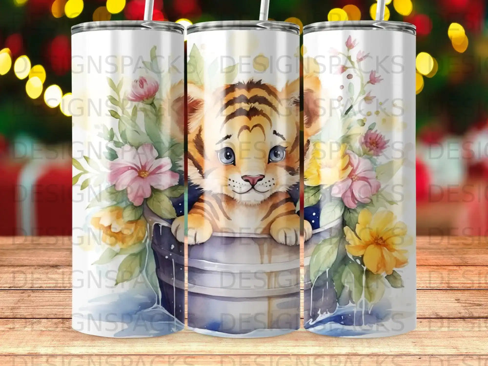 Watercolor tiger cub in a bucket surrounded by flowers.