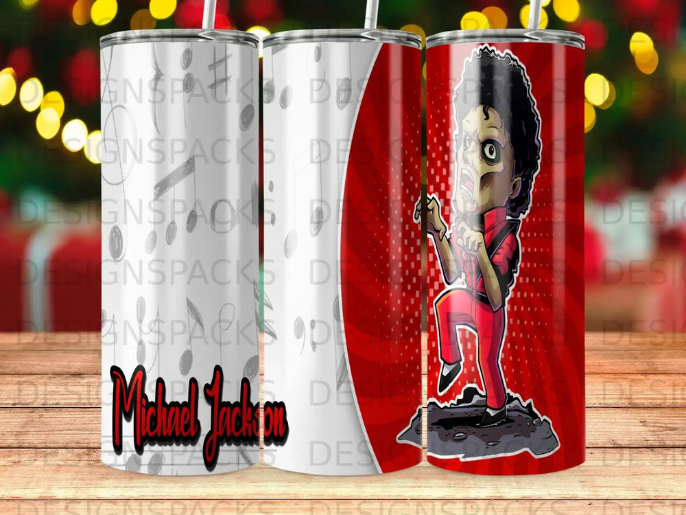 Michael Jackson zombie illustration on a red background with white dots.