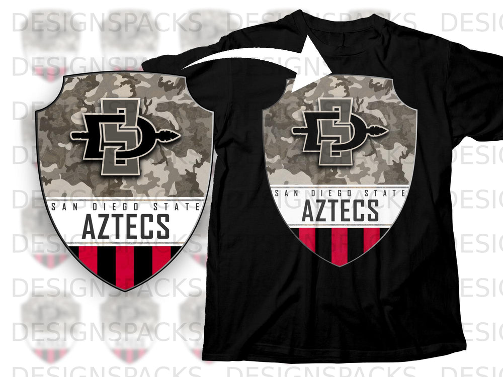 Black t-shirt with San Diego State Aztecs shield logo featuring camouflage and red stripes.