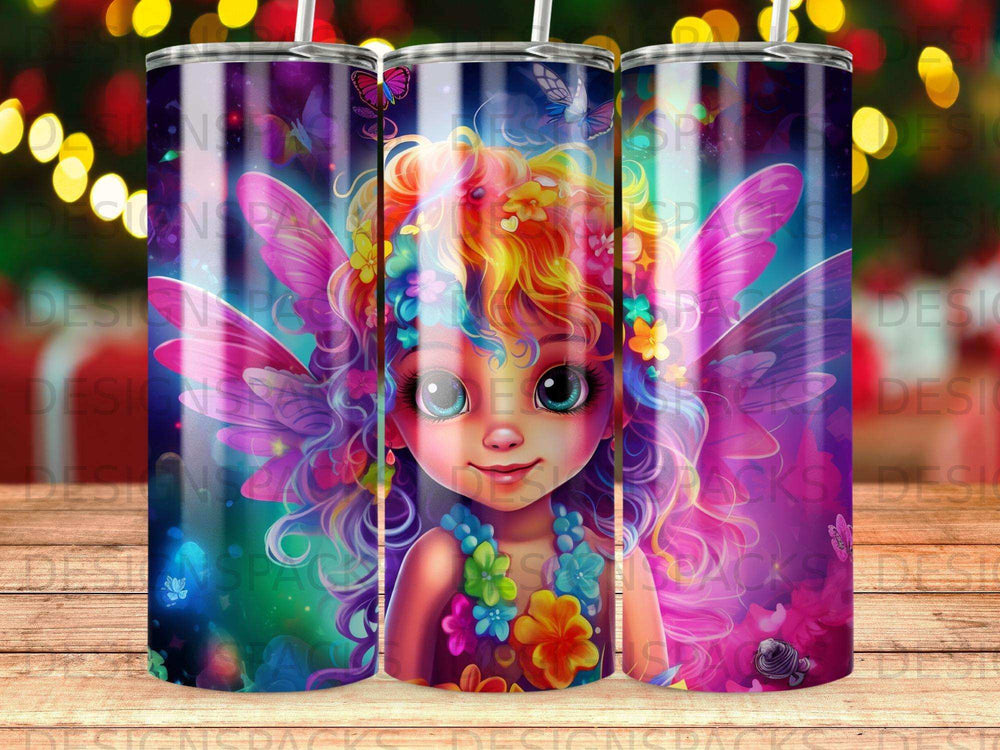 Fairy with colorful hair and butterfly wings, adorned with flowers.