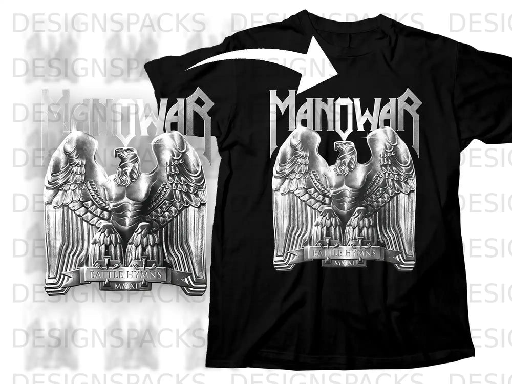 Black t-shirt with Manowar logo and "Battle Hymns" design.